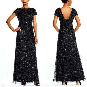 NWT Draped Back Black Sequin Gown